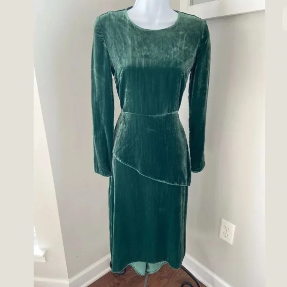 MAJE Green Velvet Velour Asymmetrical Peplum Dress MAJE Green Velvet Velour Asymmetrical Peplum Dress